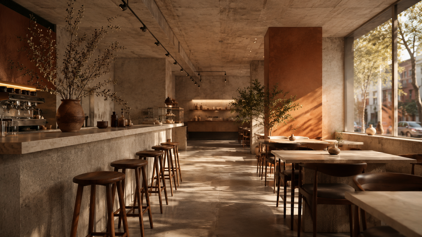 Render 3D fotorrealista — café de interiorismo VANTURIA