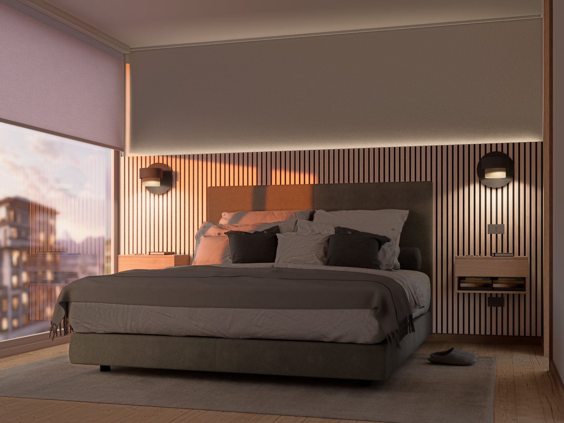 Dormitorio con muro de listones de madera, veladores flotantes a medida e iluminación indirecta, diseñado y fabricado por Vanturia