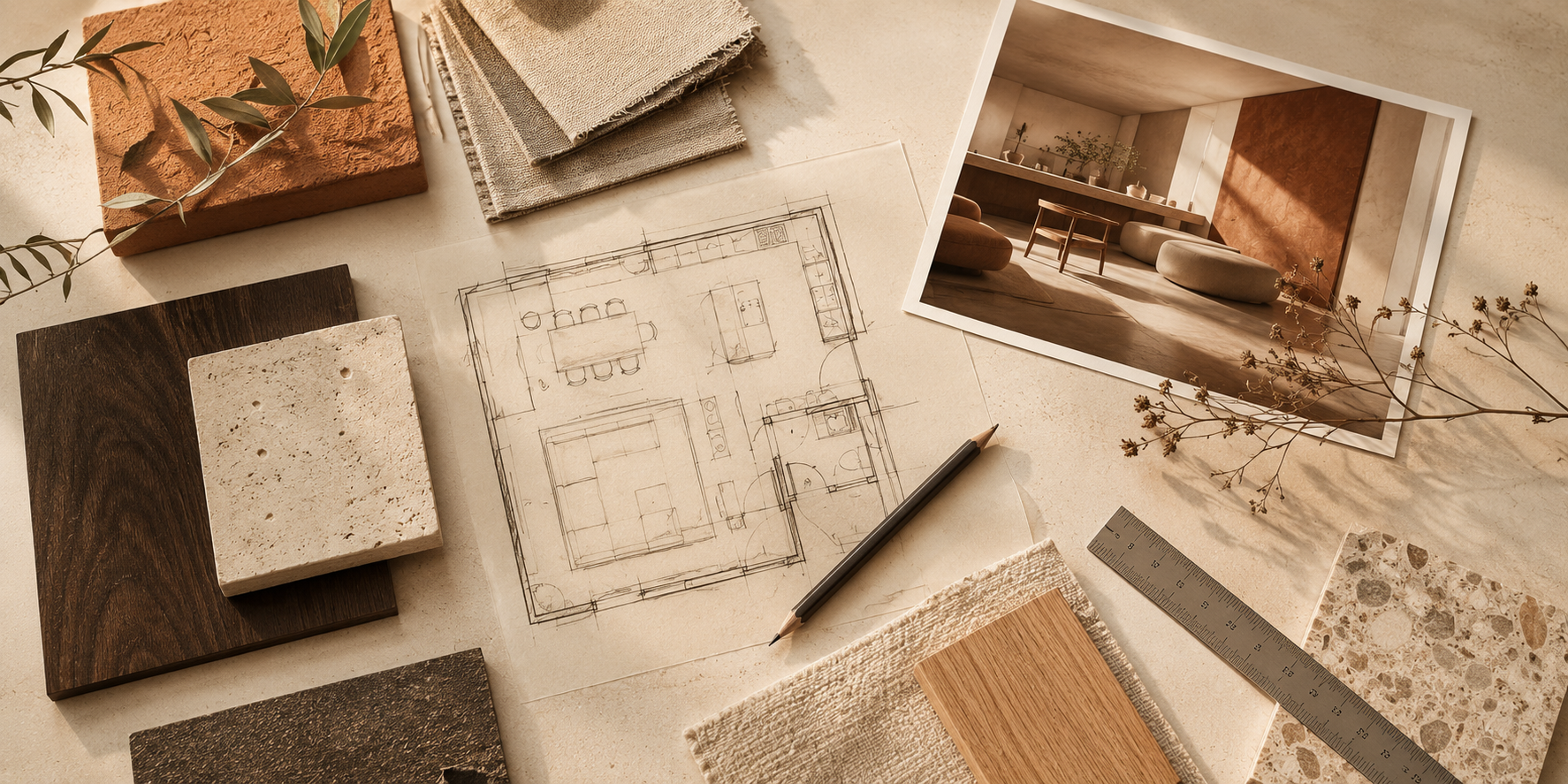 Moodboard de materiales VANTURIA — madera, piedra, render